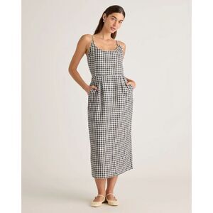 NWT Quince Women's 100% EuropeanLinen Scoop Neck Midi Dress KhakiGingham Black L